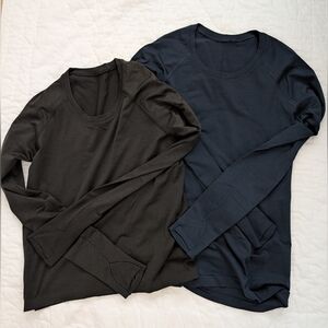 2 Lululemon Swiftly Tech Long Sleeve Shirts Size 10 Navy Blue and Black